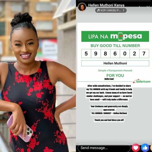 Split image of Kenyan singer Hellen Muthoni and her Safaricom M-Pesa Till Number poster.