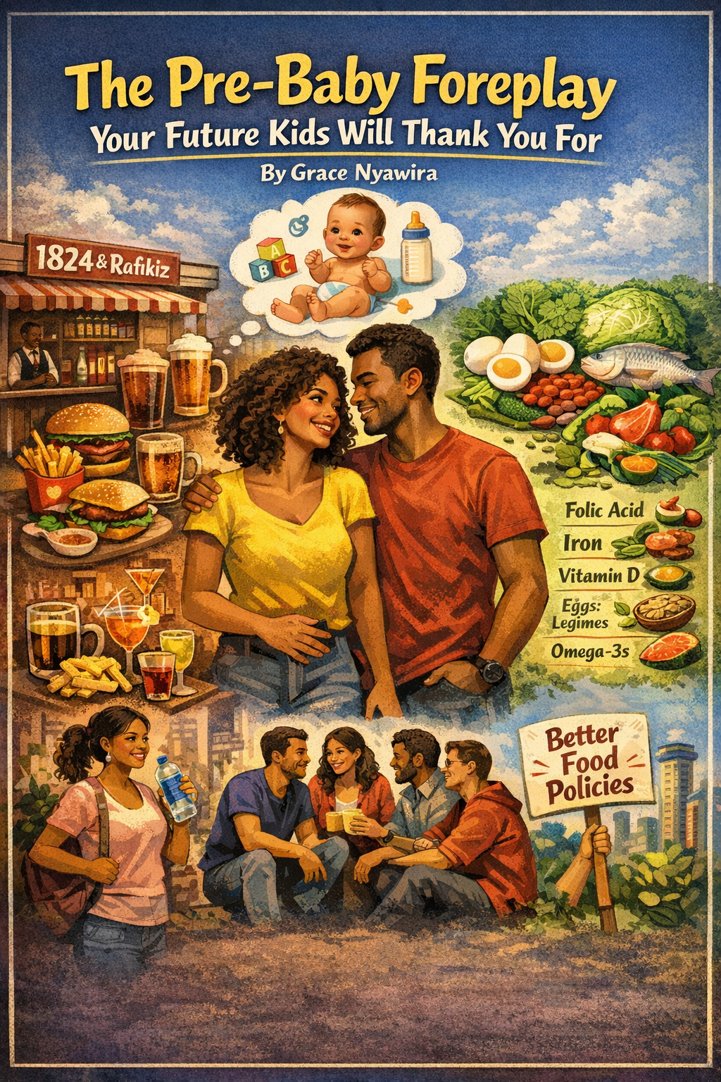 A realistic illustration of a young African couple standing close together, surrounded on one side by burgers, fries, beer and cocktails, and on the other by leafy greens, eggs, fish and fruits, symbolizing the contrast between unhealthy and balanced nutrition before parenthood.
