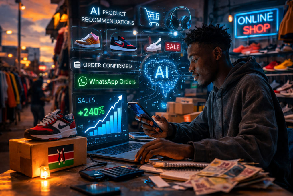 Young Kenyan dancers and content creators filming TikTok videos and a fashion shoot in Nairobi CBD on a Sunday afternoon, surrounded by glass office towers and golden sunset light.