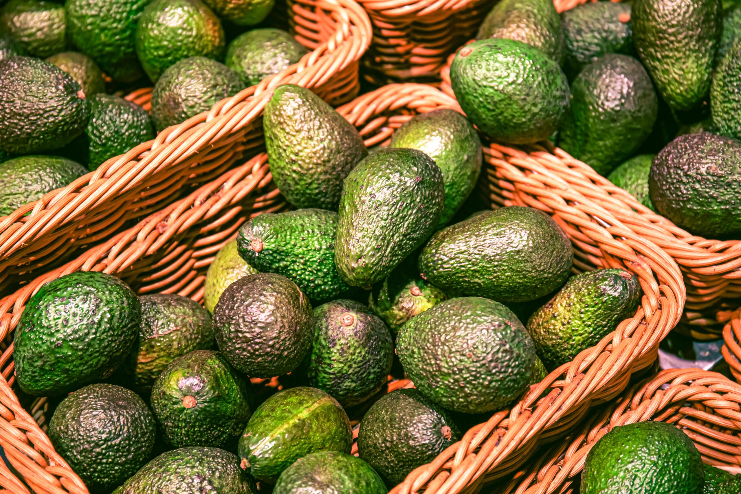 Baskets with avocado on a supermarket showcase, close-up, organic and natural food product.