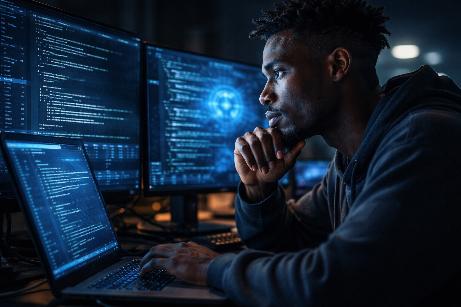 African software developer working at night on multiple monitors,looking thoughtful and engaged in coding in a modern workspace.
