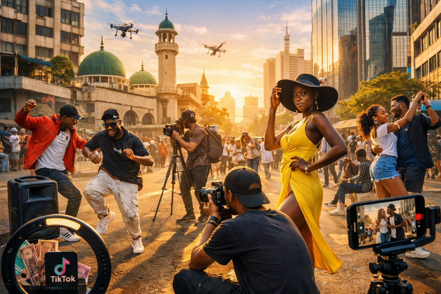 Young Kenyan dancers and content creators filming TikTok videos and a fashion shoot in Nairobi CBD on a Sunday afternoon, surrounded by glass office towers and golden sunset light.